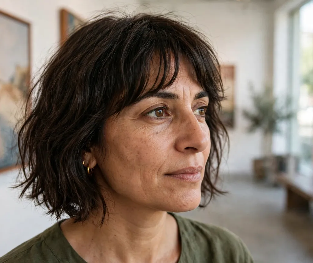 Choppy bob with curtain bangs on fine dark brown hair, Middle Eastern woman in her late 30s, olive green top, art gallery