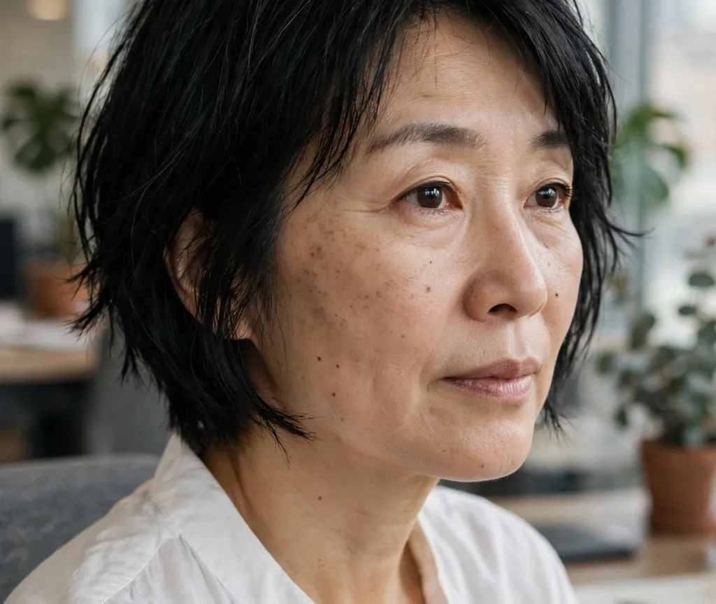 Sleek choppy bob on fine black hair, East Asian woman in her early 50s, white blouse, modern office