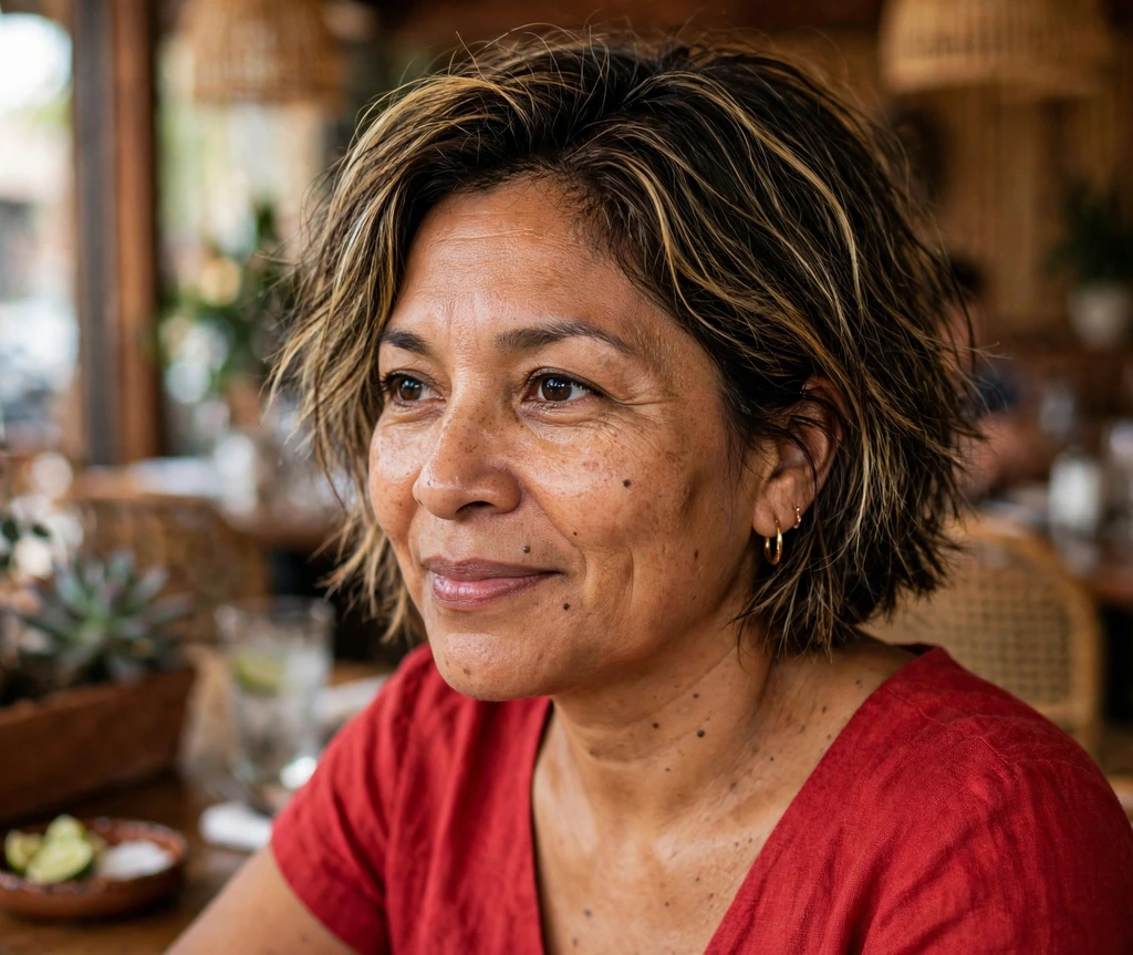 Choppy bob with blonde highlights on fine dark brown hair, Latina woman in her mid 40s, red dress, restaurant