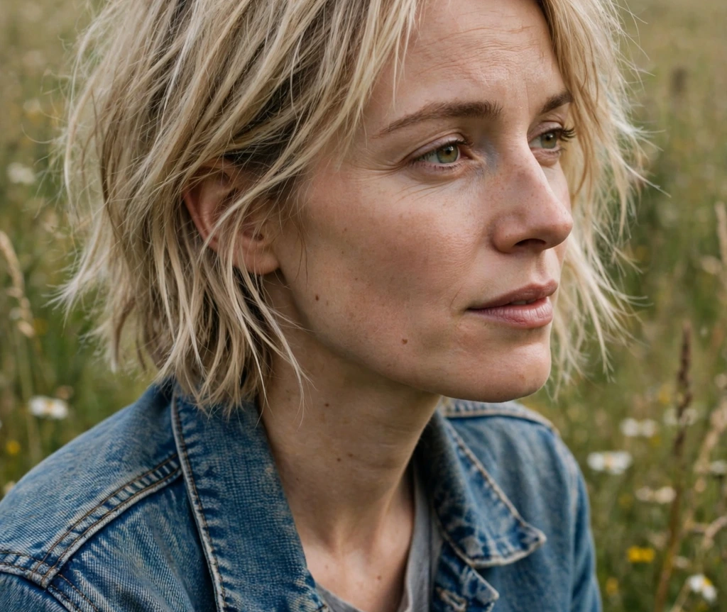Messy undone choppy bob on fine dirty blonde hair, Caucasian woman in her late 20s, denim jacket, countryside meadow