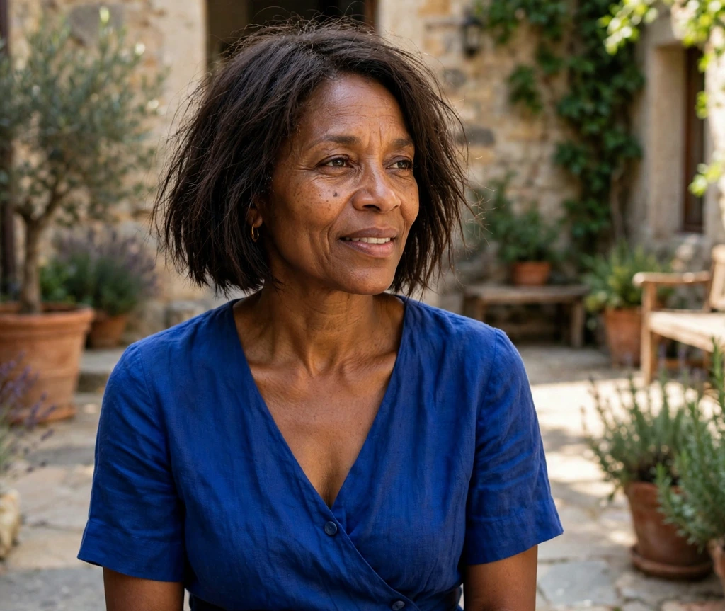 Choppy A-line bob on fine dark brown hair, Black woman in her mid 40s, royal blue dress, sunlit courtyard
