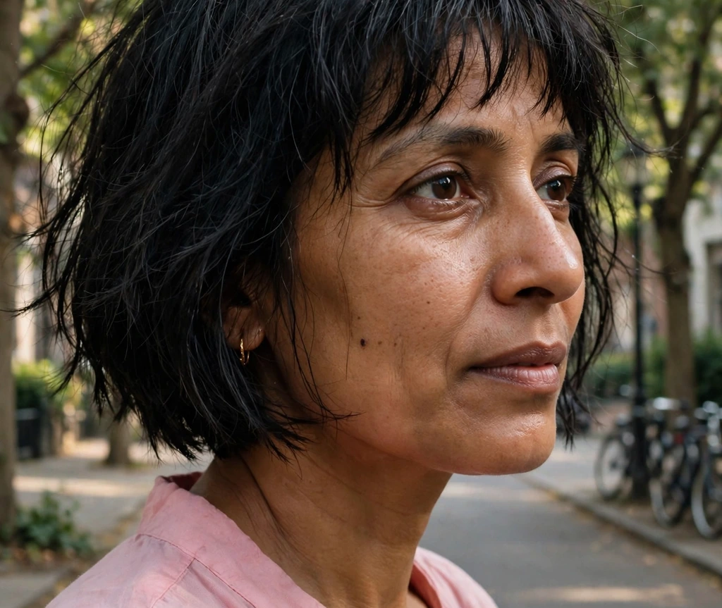 Choppy bob with wispy bangs on fine black hair, South Asian woman in her late 30s, pink blouse, tree-lined street