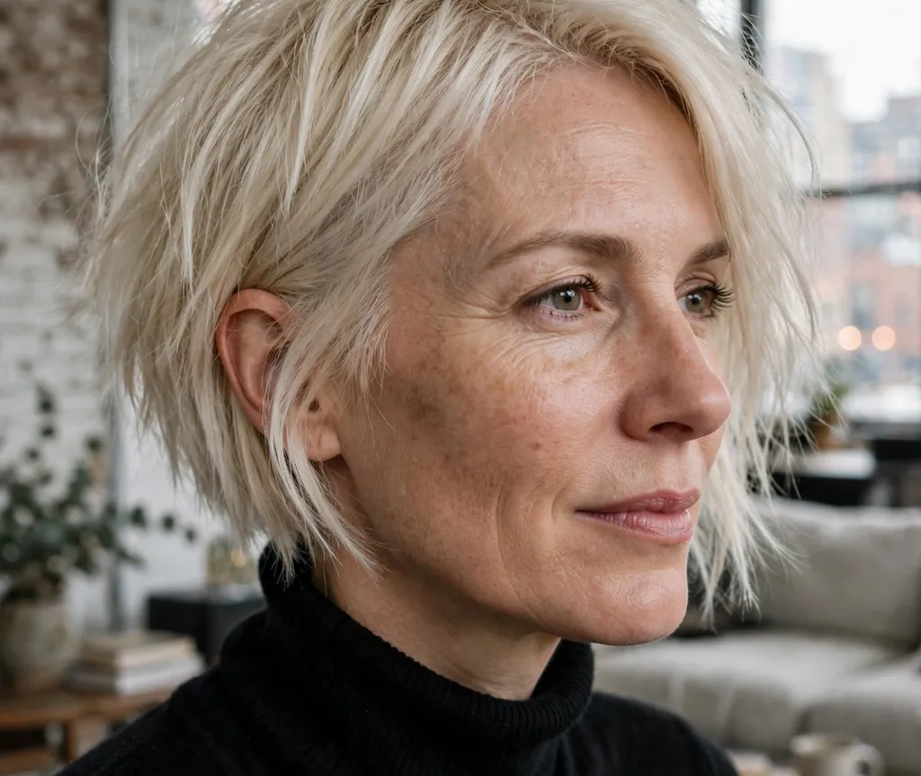Asymmetrical choppy bob on fine platinum blonde hair, Caucasian woman in her early 40s, black turtleneck, modern loft