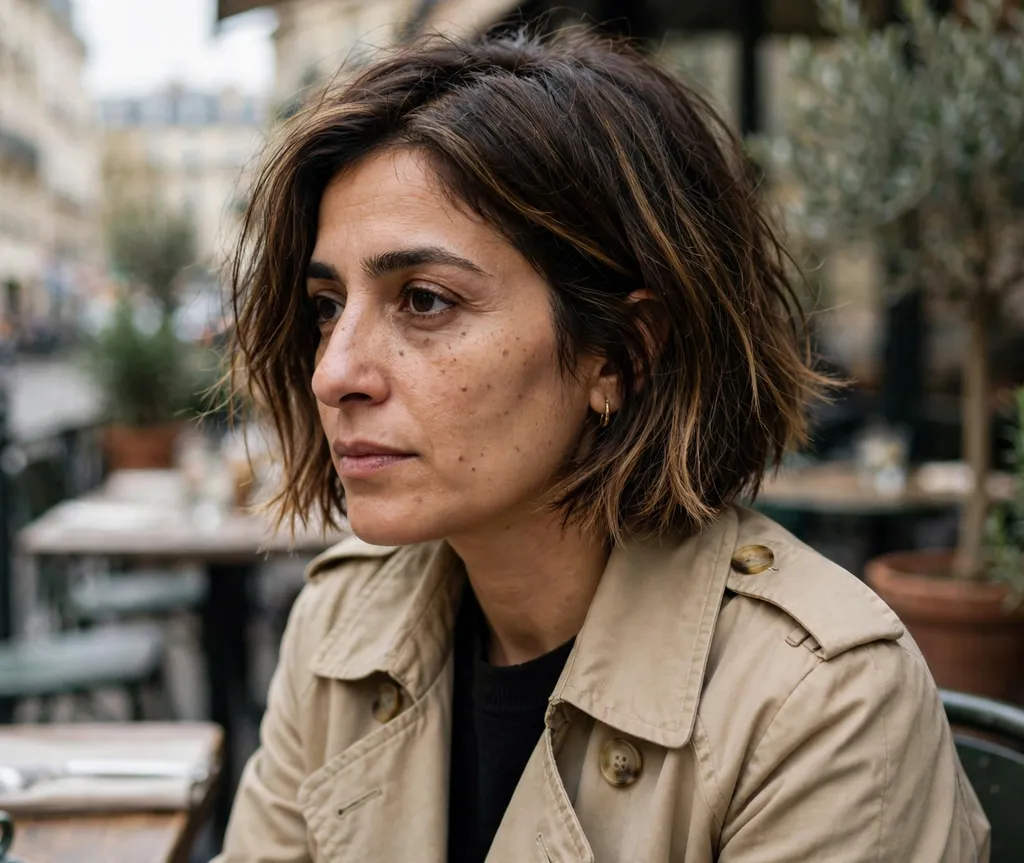 Choppy bob with caramel balayage on fine dark brown hair, Middle Eastern woman in her mid 30s, beige trench coat, city café terrace