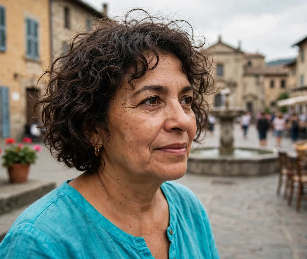 Curly choppy bob on fine dark brown curly hair, Latina woman in her early 50s, turquoise top, town plaza