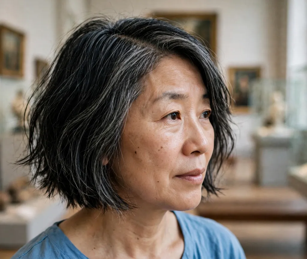 Choppy bob with deep side part on fine black hair with gray streaks, East Asian woman in her late 40s, sky blue top, museum gallery