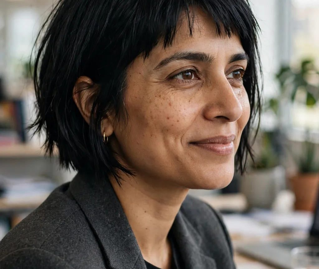 Blunt-end choppy bob on fine jet black hair, South Asian woman in her mid 30s, charcoal blazer, bright office