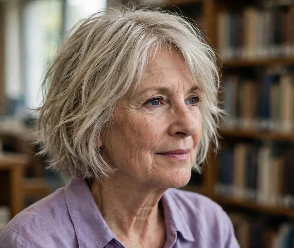 Feathered choppy bob on fine ash blonde hair, Caucasian woman in her early 60s, lavender blouse, library