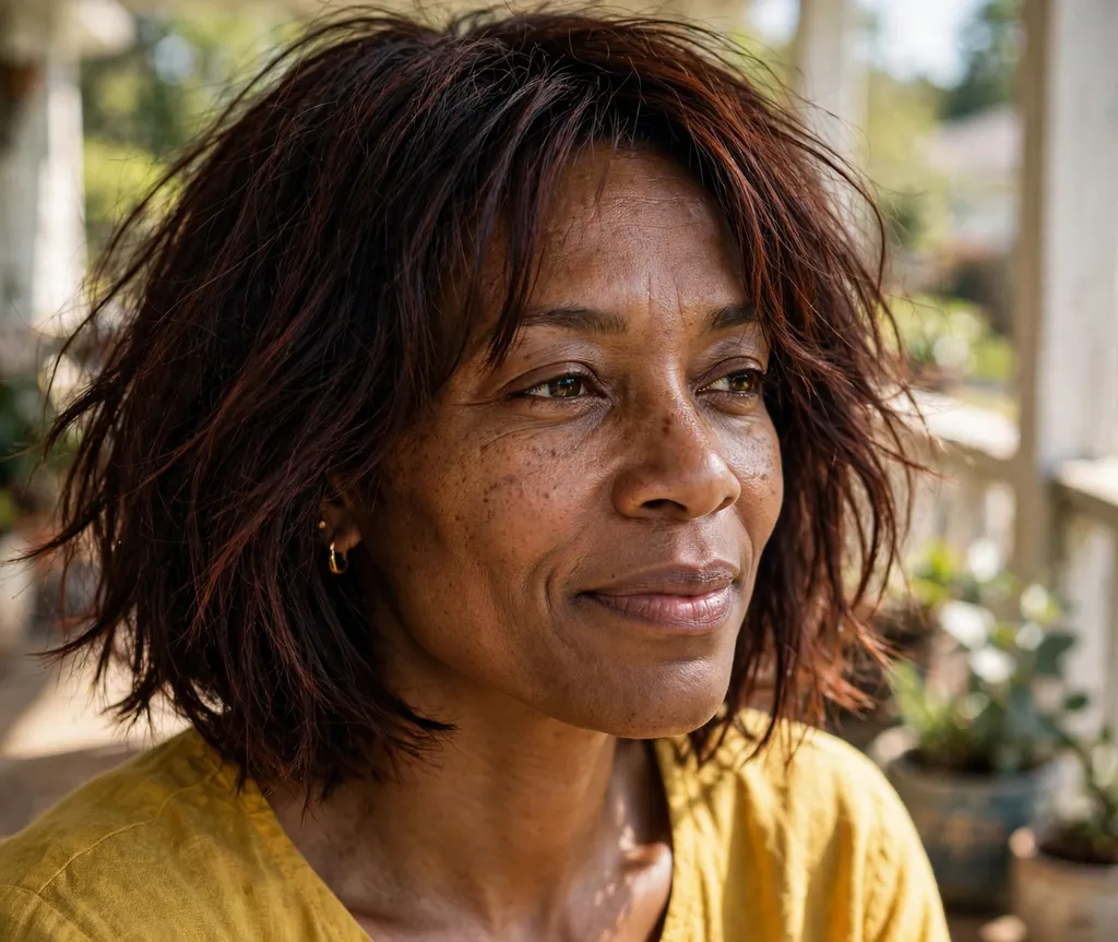 Choppy bob with face-framing layers on fine dark auburn hair, Black woman in her late 30s, mustard yellow top, sunny porch