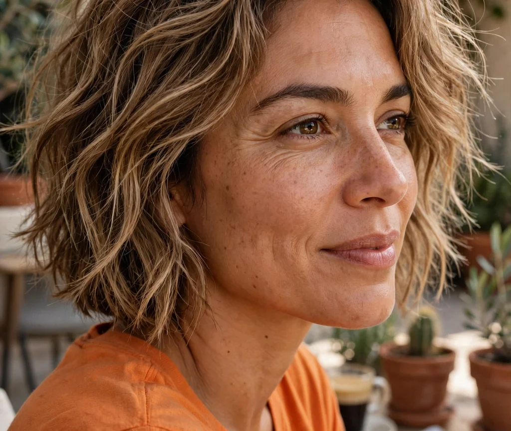 Tousled beach-wave choppy bob on fine light brown hair, Latina woman in her early 30s, orange top, sunny patio