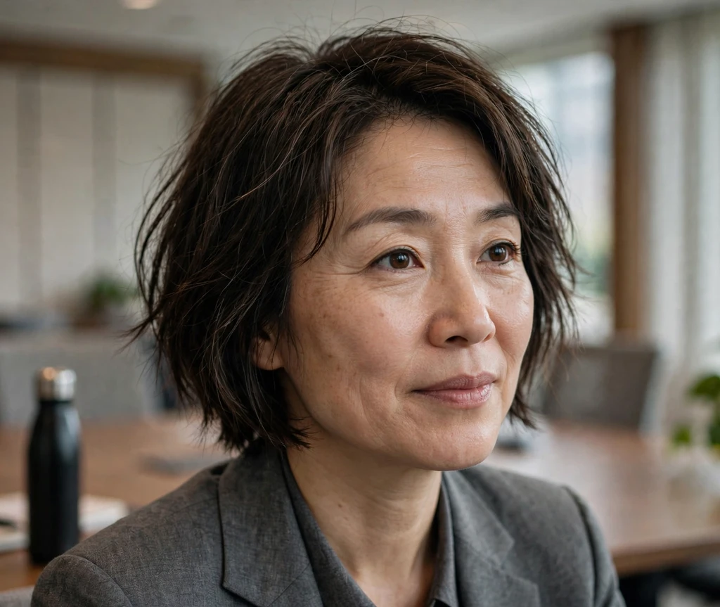 Choppy graduated bob on fine dark brown hair, East Asian woman in her mid 40s, gray suit, conference room