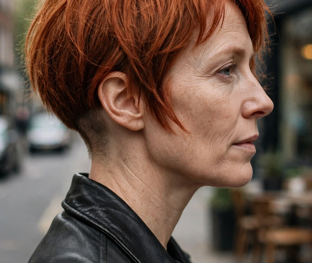 Choppy bob with undercut nape on fine copper red hair, Caucasian woman in her late 30s, leather jacket, city street