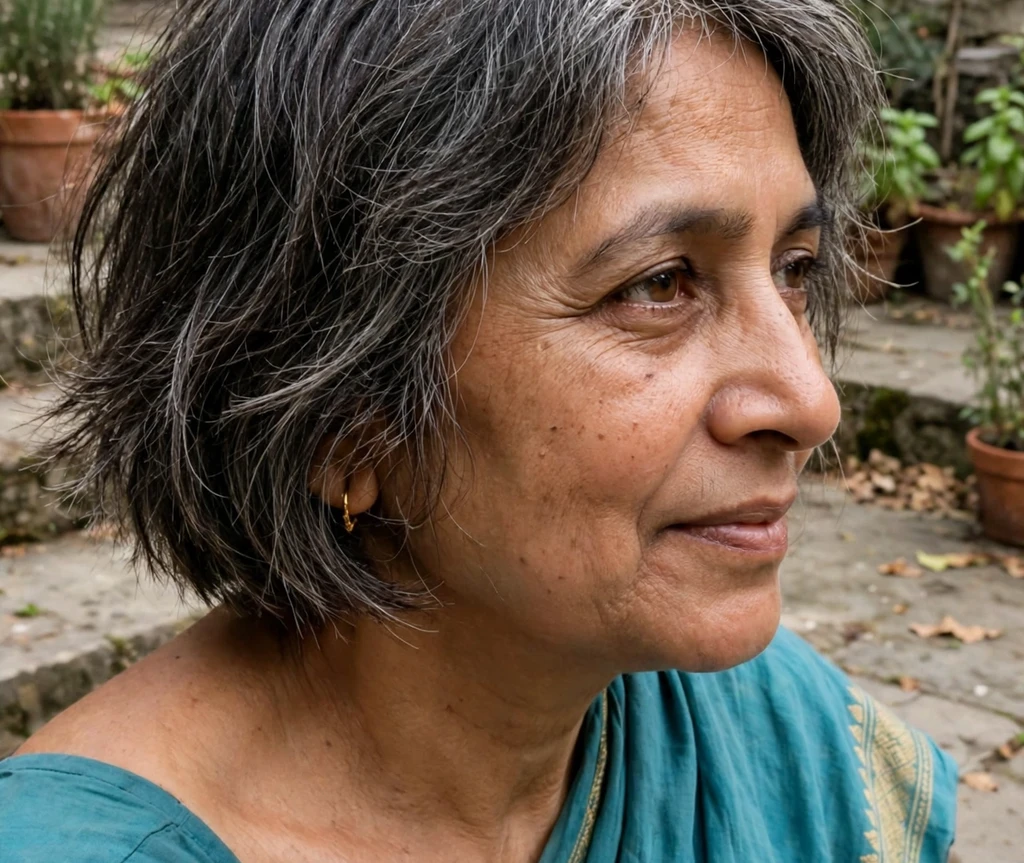 Chin-length choppy bob on fine salt-and-pepper hair, South Asian woman in her early 50s, teal sari, stone courtyard