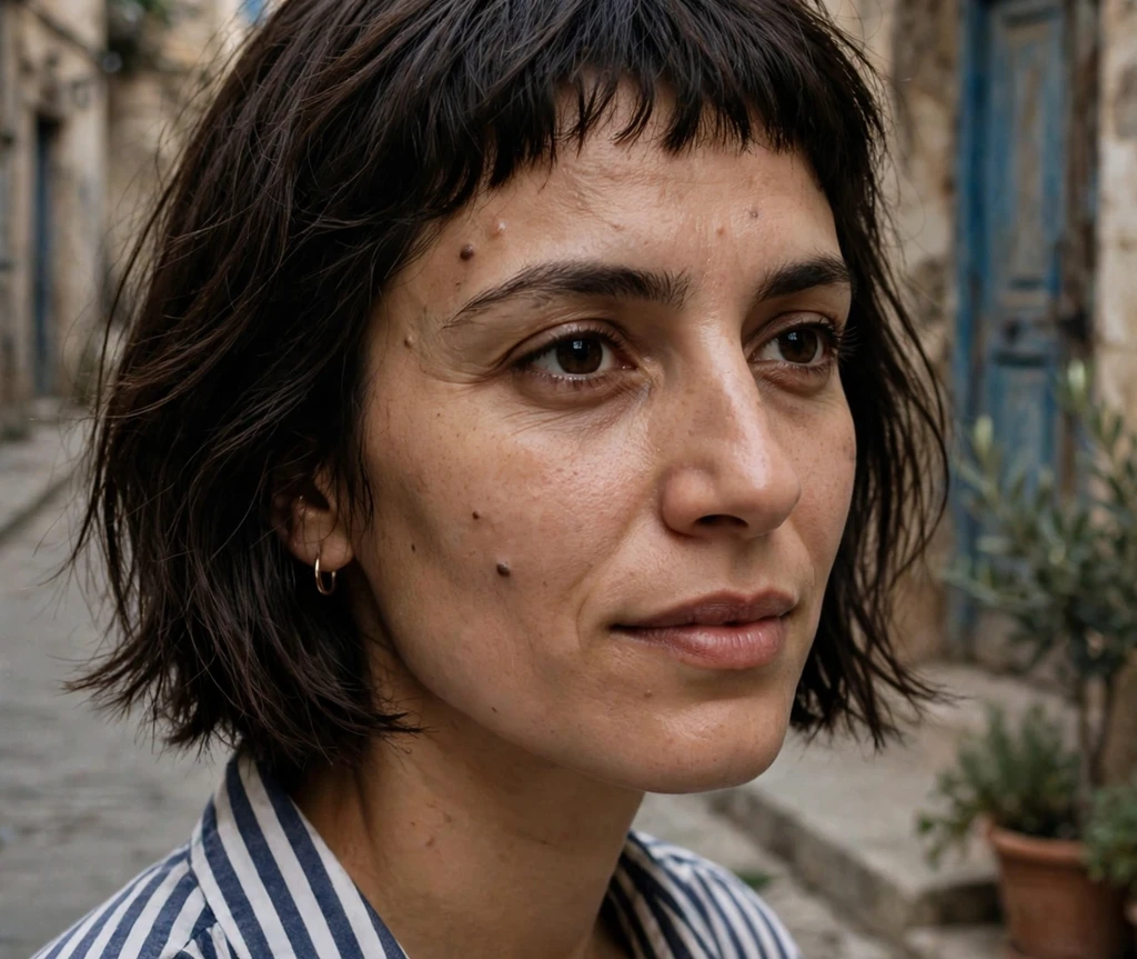 Choppy bob with micro fringe on fine dark brown hair, Middle Eastern woman in her late 20s, striped shirt, old town street