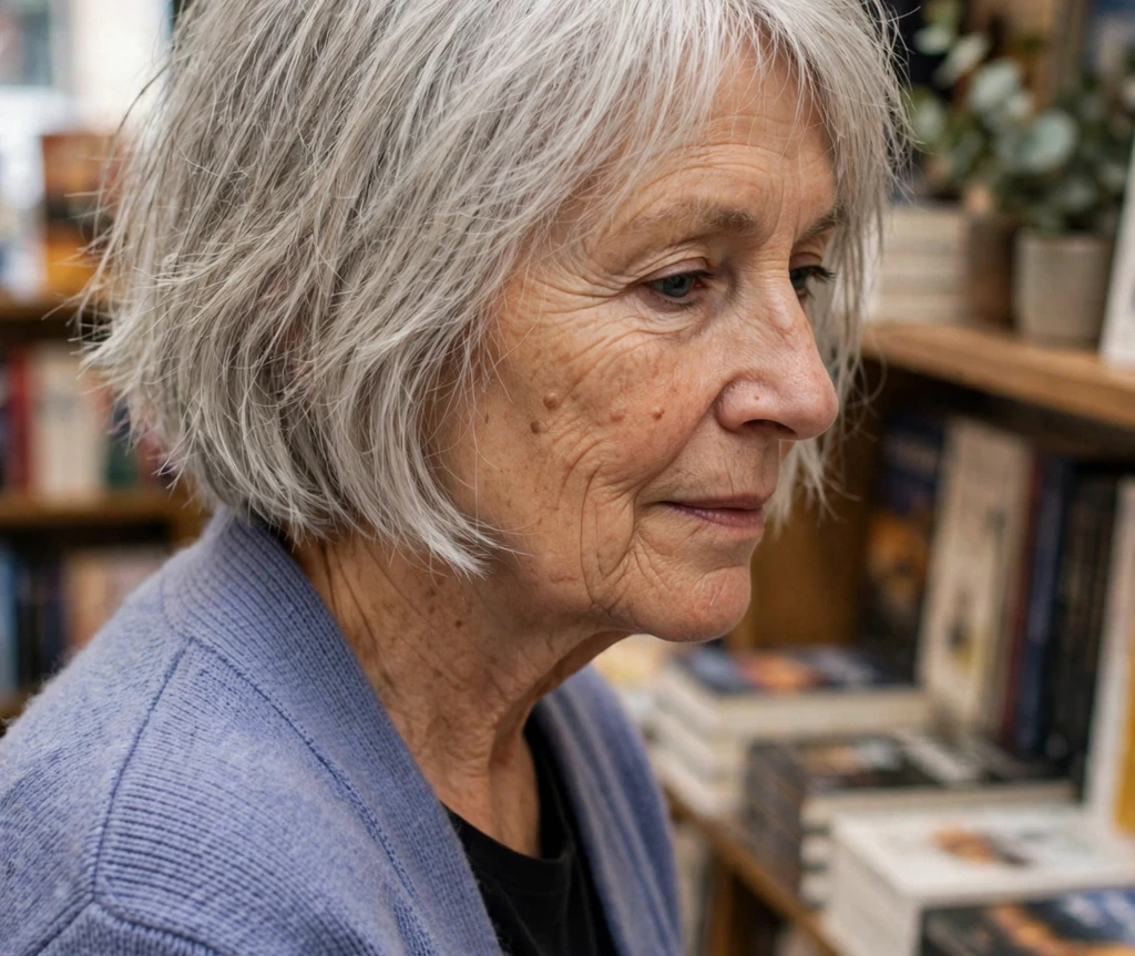 Silver choppy bob on fine silver hair, Caucasian woman in her early 60s, periwinkle cardigan, bookstore