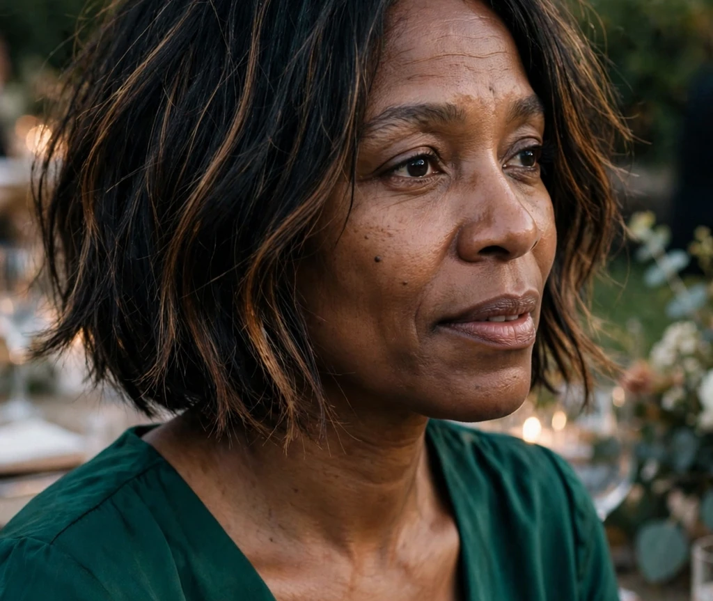 Choppy bob with caramel lowlights on fine black hair, Black woman in her early 40s, emerald dress, evening event