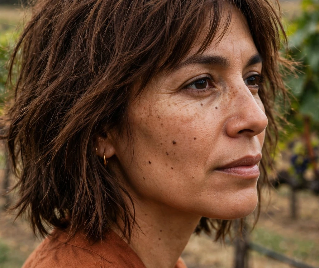 Shaggy choppy bob on fine chestnut brown hair, Latina woman in her mid 30s, rust-colored top, vineyard
