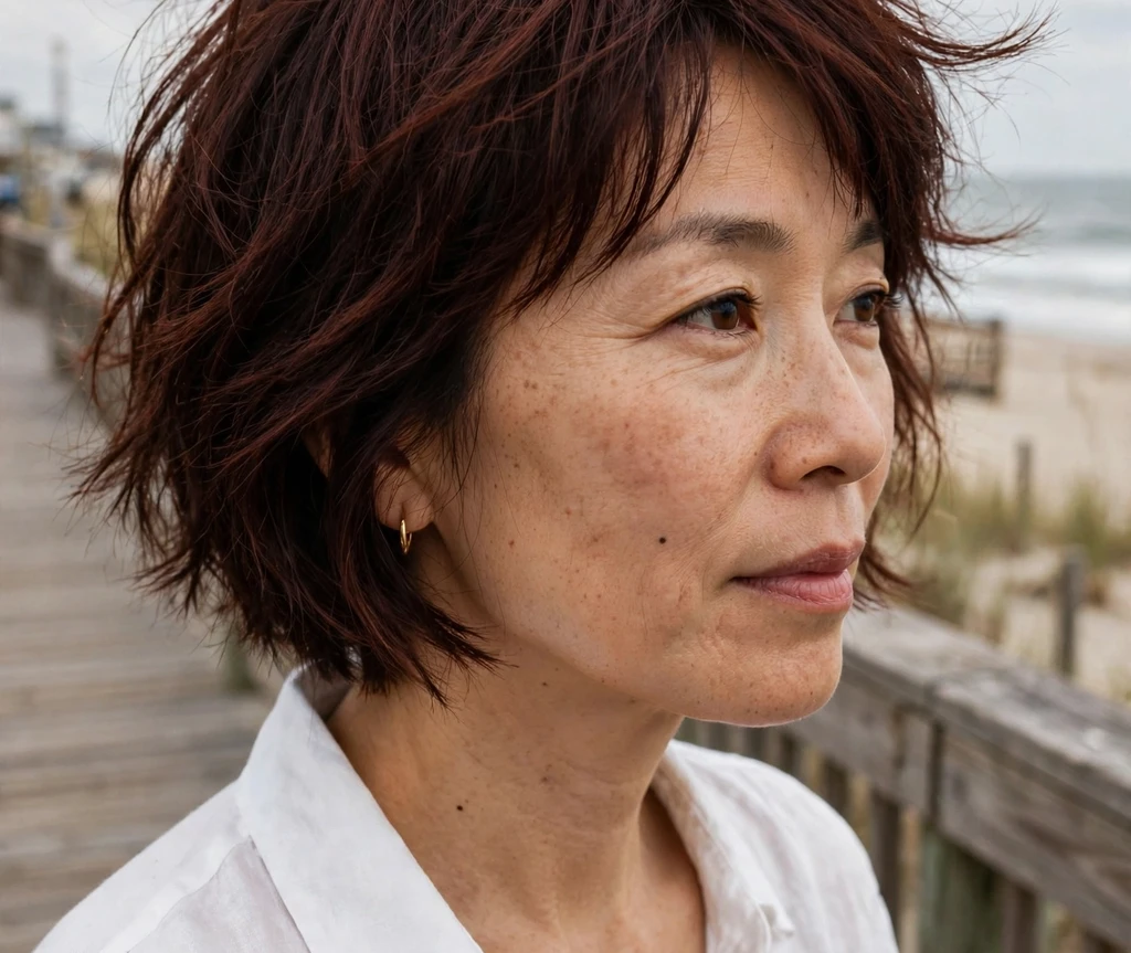 Choppy bob with root-lift volume on fine dark auburn hair, East Asian woman in her late 30s, white blouse, beach boardwalk