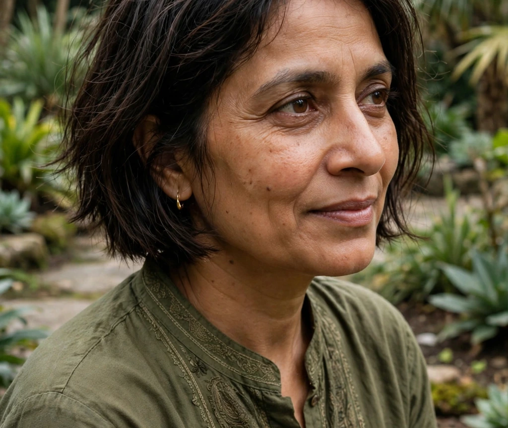 Center-parted choppy bob on fine dark brown hair, South Asian woman in her mid 40s, olive green kurta, botanical garden