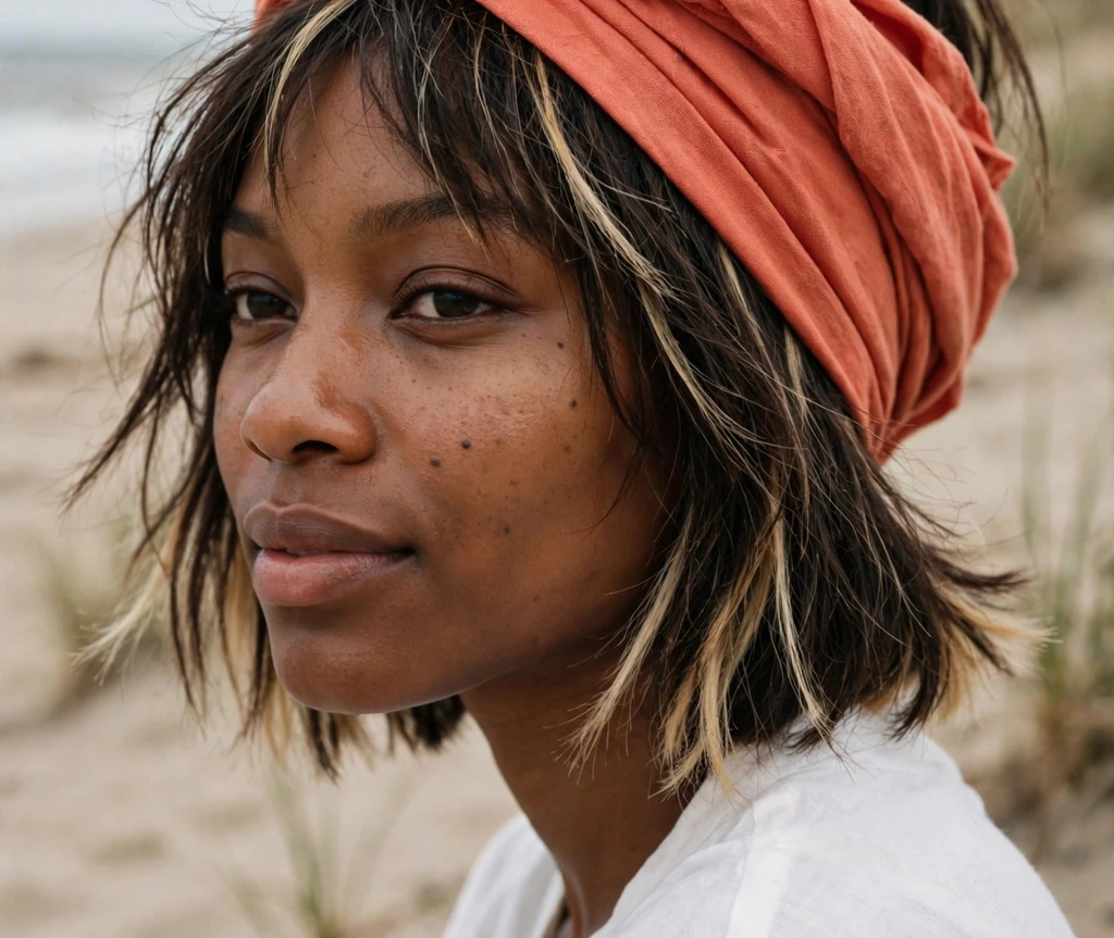 Choppy bob with blonde peekaboo highlights on fine dark brown hair, Black woman in her late 20s, coral headwrap and white top, sandy beach