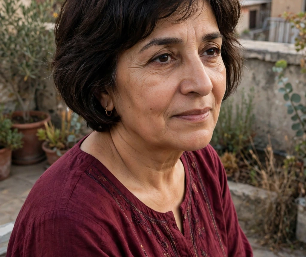 Rounded choppy bob on fine dark brown hair, Middle Eastern woman in her early 50s, maroon kurta, rooftop terrace