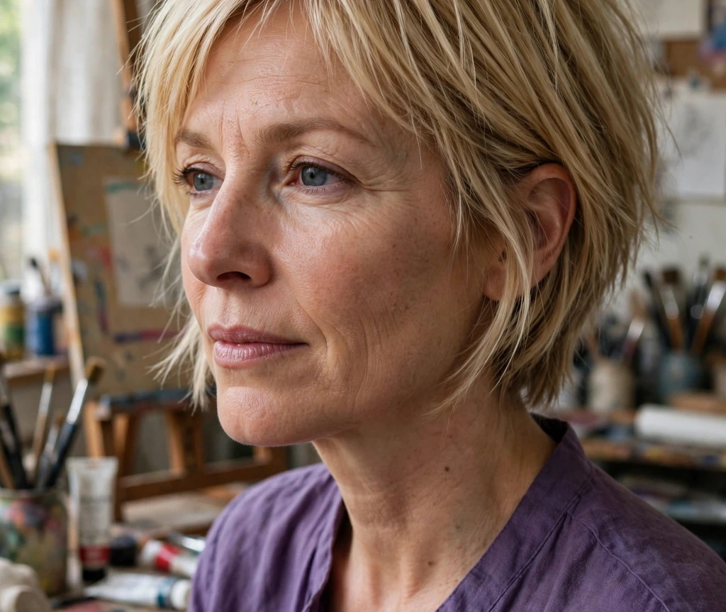 Choppy bob with tapered ends on fine honey blonde hair, Caucasian woman in her mid 40s, purple blouse, art studio