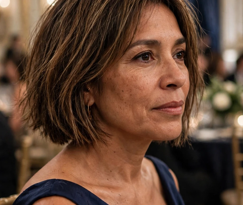 Choppy bob with dimensional multi-tonal brown color on fine hair, Latina woman in her late 40s, navy evening gown, gala ballroom