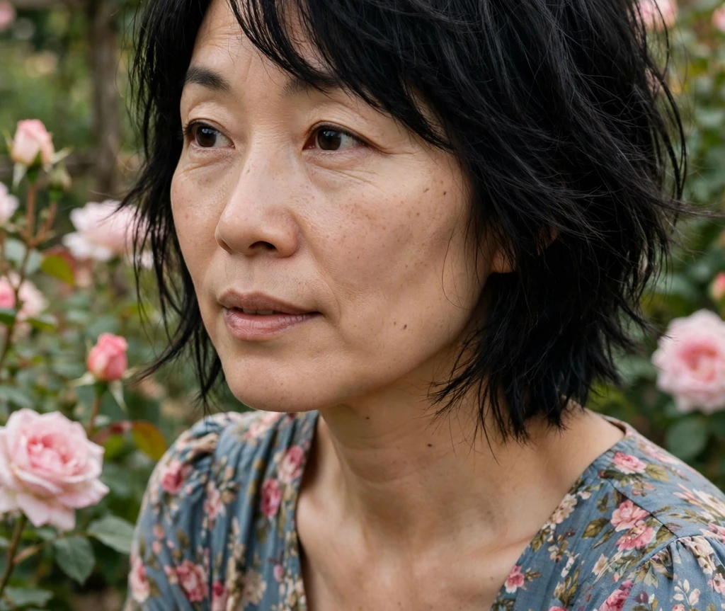 Choppy bob with swoop bangs on fine black hair, East Asian woman in her early 40s, floral dress, rose garden