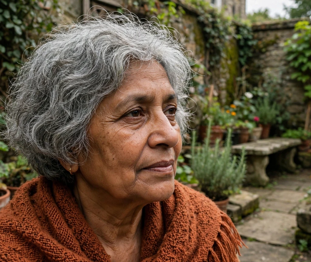 Textured permed choppy bob on fine gray hair, South Asian woman in her early 60s, rust-colored shawl, courtyard garden