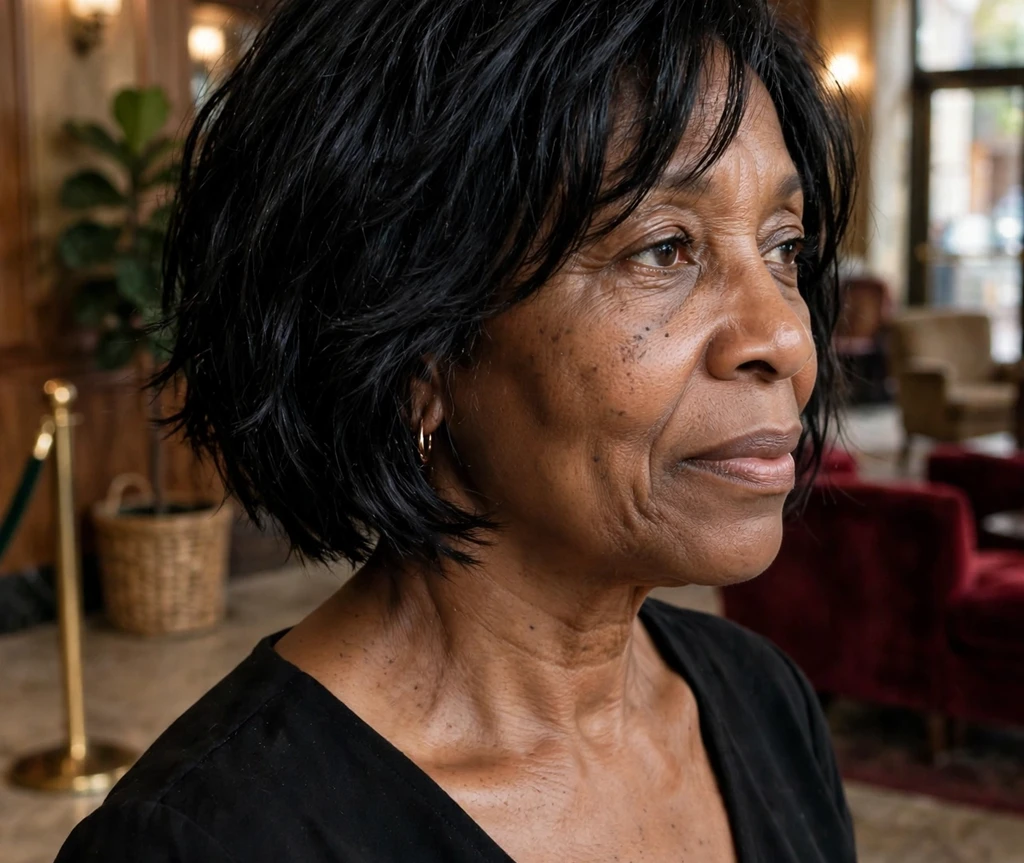 Polished choppy bob with shine on fine jet black hair, Black woman in her mid 50s, black dress, theater lobby