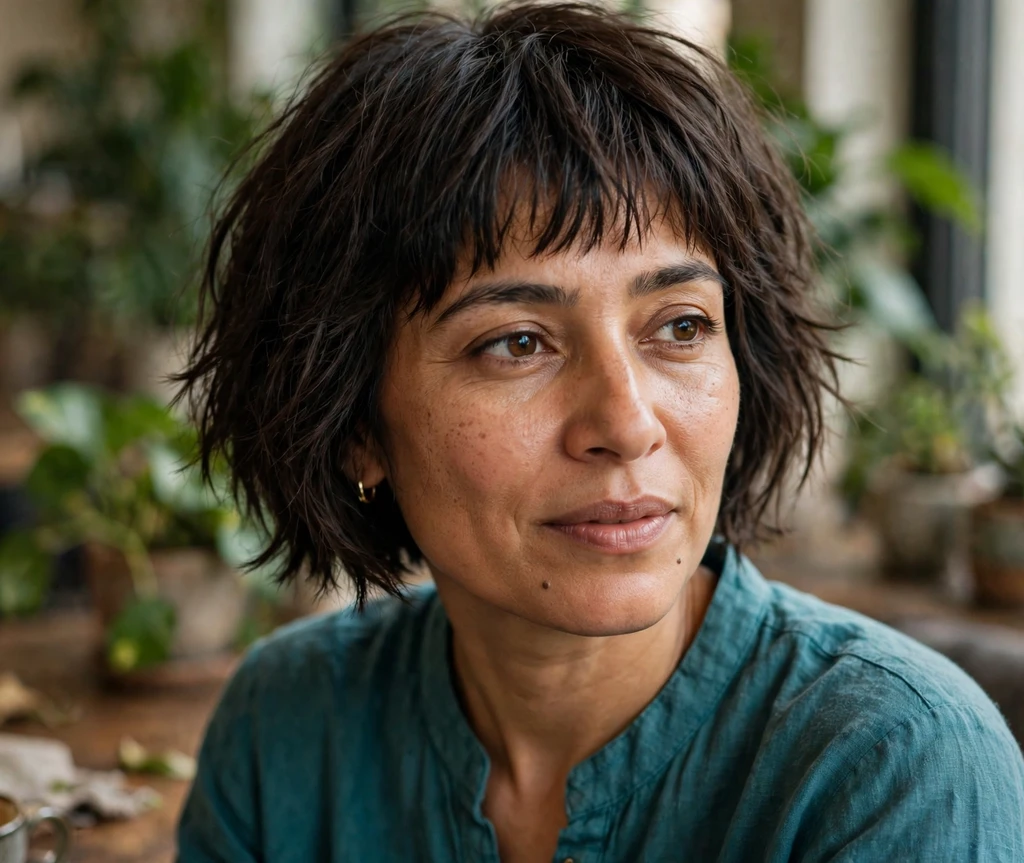 South Asian woman with a jaw-length choppy bob and textured micro-fringe bangs at a cafe