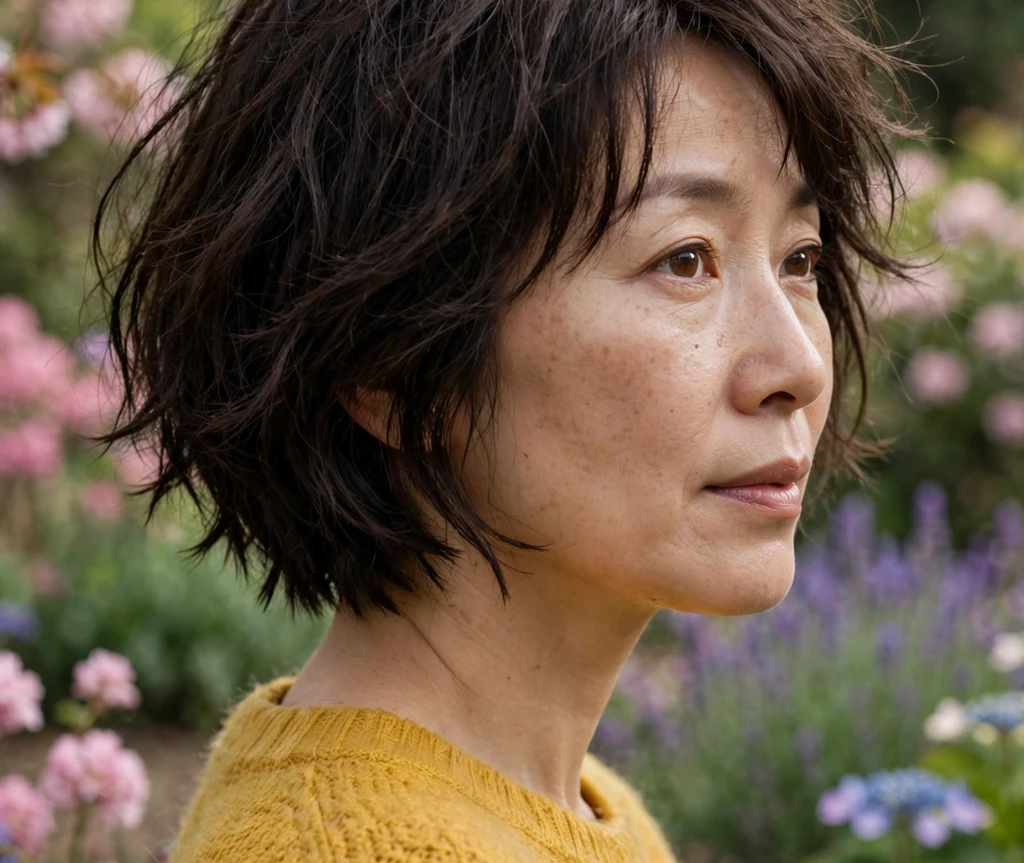 East Asian woman with a jaw-length choppy bob, soft center part and tousled ends in a garden