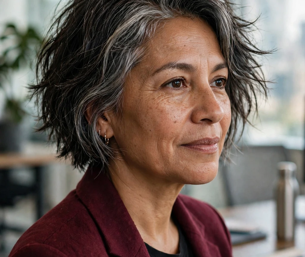Latina woman in her fifties with a silver-streaked choppy bob and side part in an office