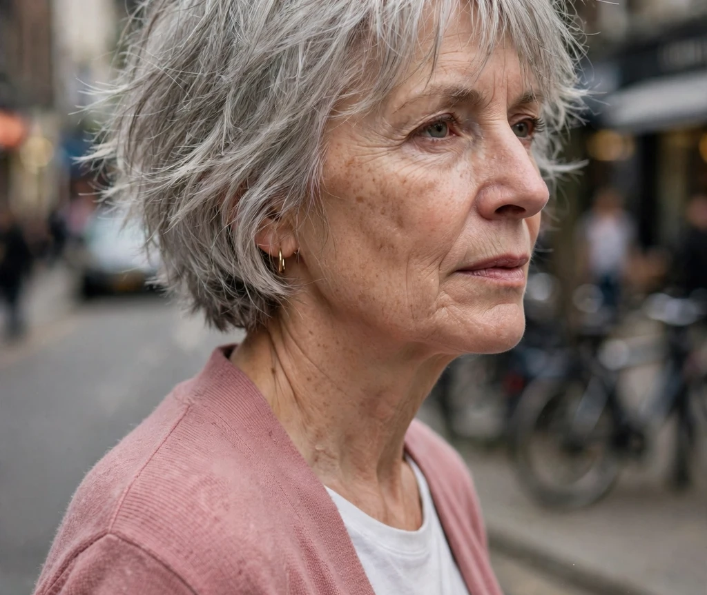 Woman in her late fifties with a pearl-grey choppy bob and wispy bangs on a city street