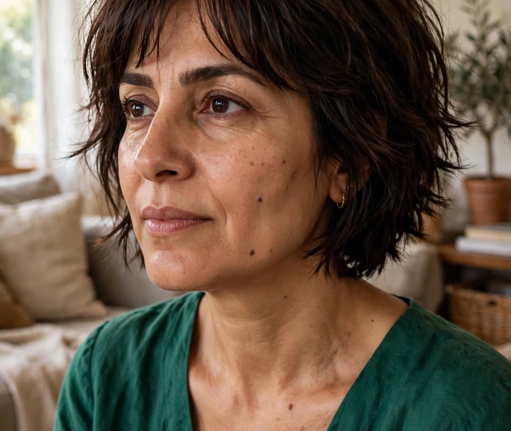 Middle Eastern woman with a dark chestnut choppy bob and curtain bangs at home