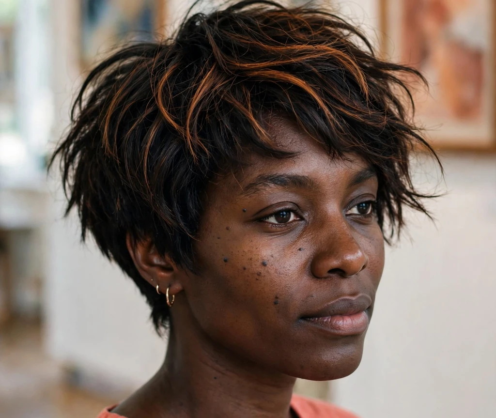 Black woman in her early thirties with a short tapered choppy bob with copper highlights in an art gallery