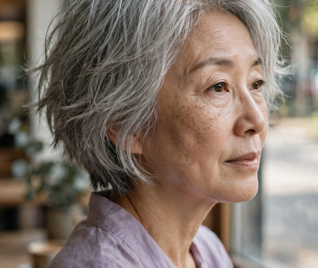 East Asian woman in her late fifties with a silver-grey choppy bob at a cafe window seat