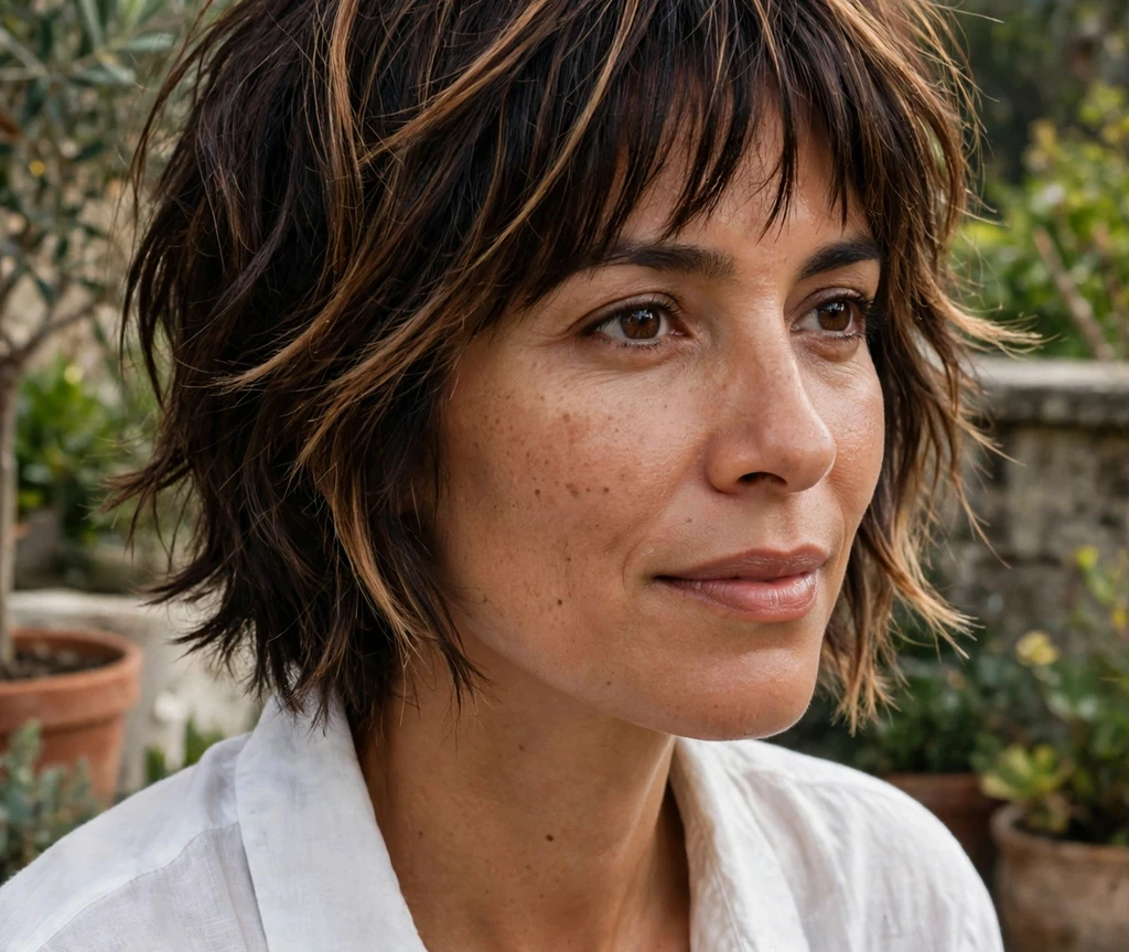 Latina woman in her late thirties with a dark brown choppy bob with caramel balayage on a garden terrace