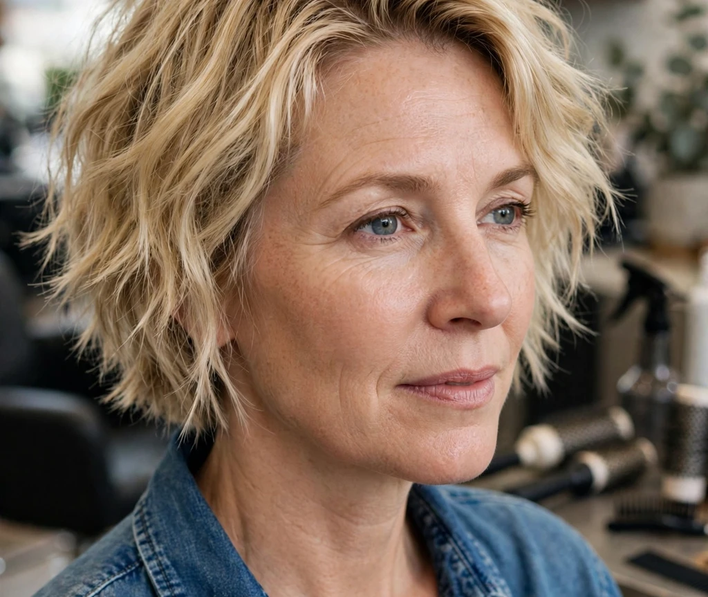 Woman in her early forties with a blonde choppy bob with textured waves in a hair salon