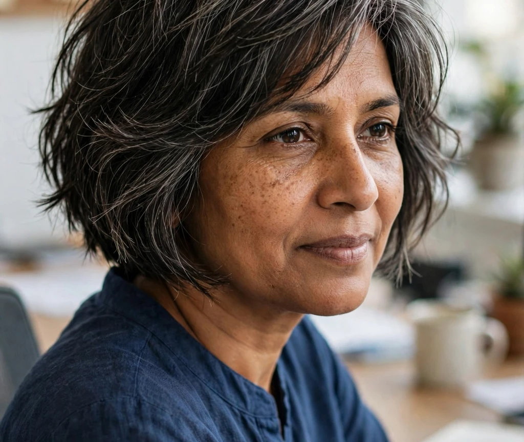 South Asian woman in her early fifties with a silver-streaked choppy bob at an office desk