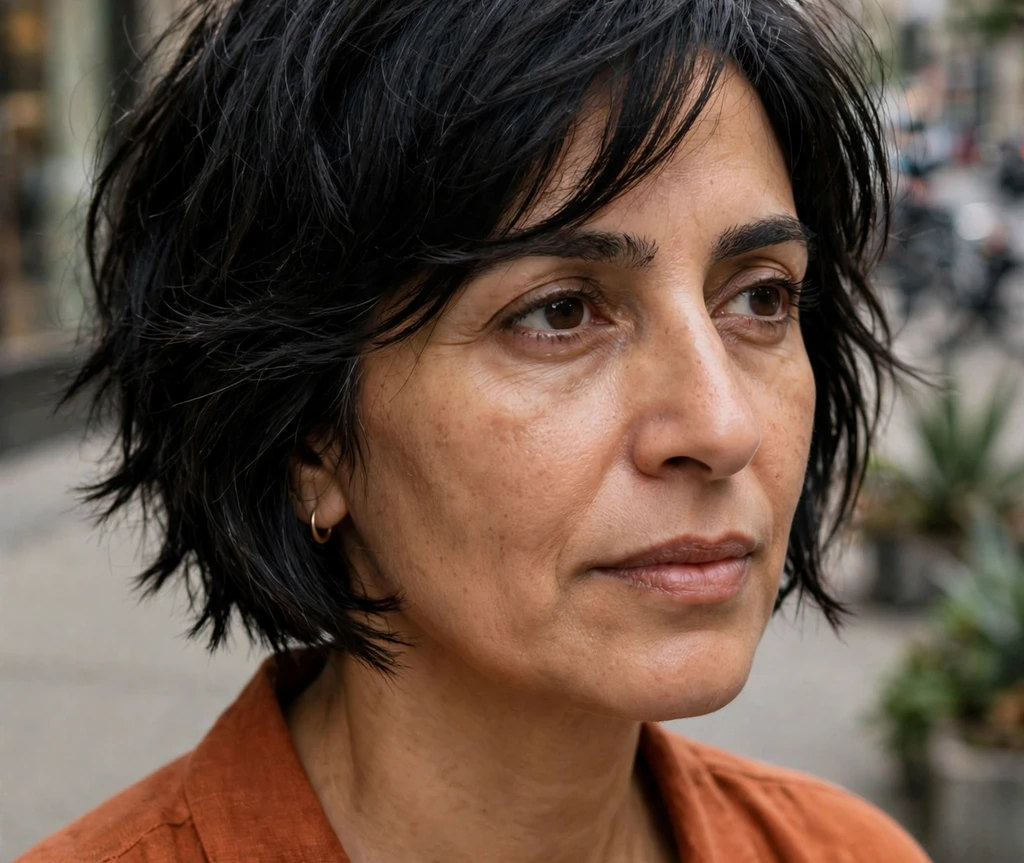Middle Eastern woman in her late forties with a black choppy bob and side-swept bangs on a city sidewalk