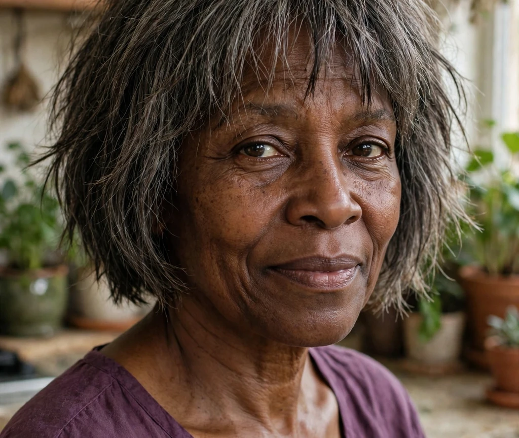 Black woman in her late fifties with a salt-and-pepper choppy bob and wispy fringe in a home kitchen