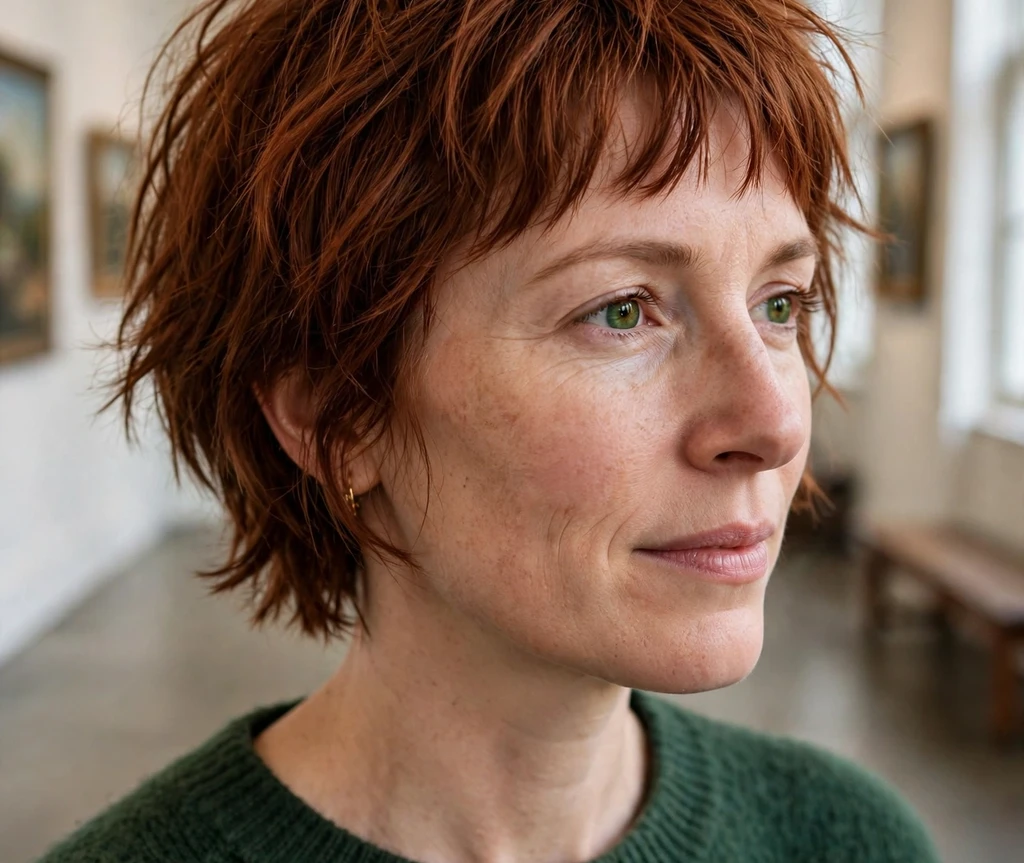 Woman in her mid-thirties with an auburn choppy bob and choppy bangs in an art gallery