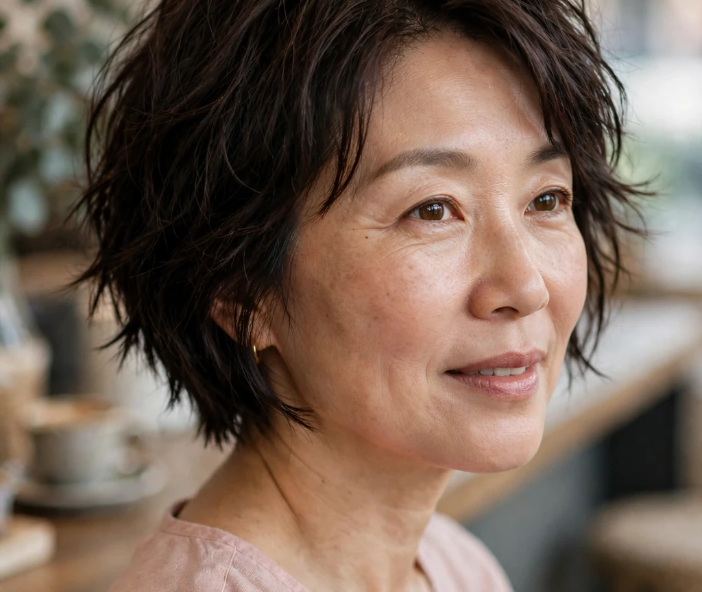 East Asian woman in her mid-forties with a dark brown choppy bob with tapered nape at a cafe counter
