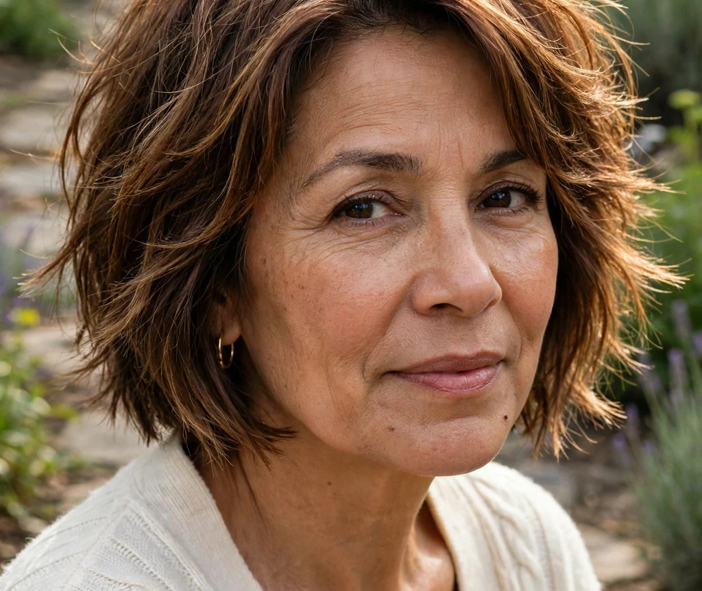 Latina woman in her early fifties with a chestnut choppy bob with golden highlights on a garden path