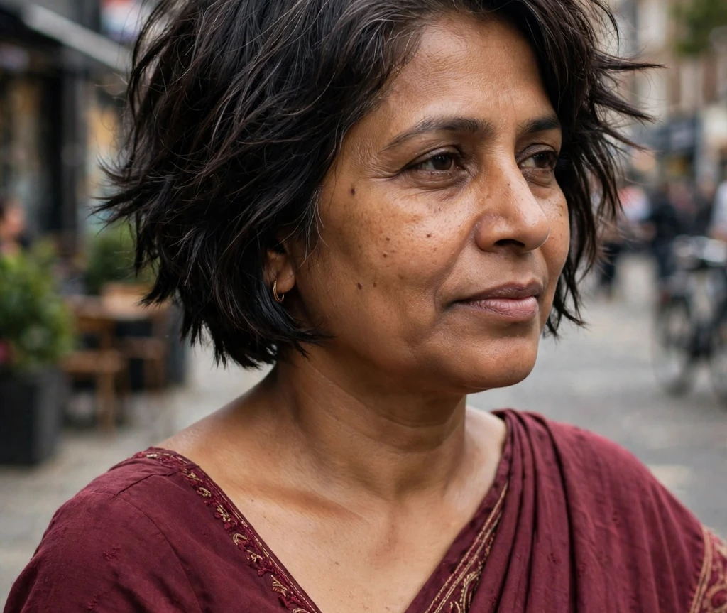 South Asian woman in her late forties with a dark choppy bob with deep side part on a city street