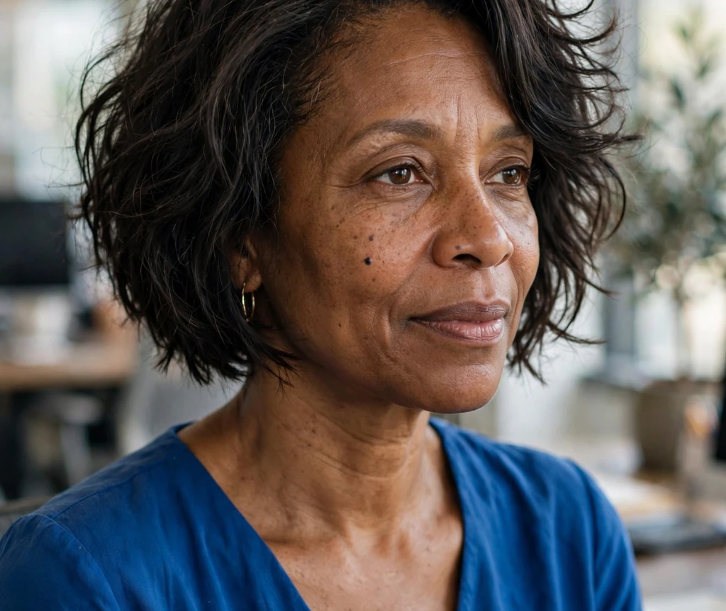 Black woman in her late forties with a chin-grazing choppy bob with soft curls in a modern office