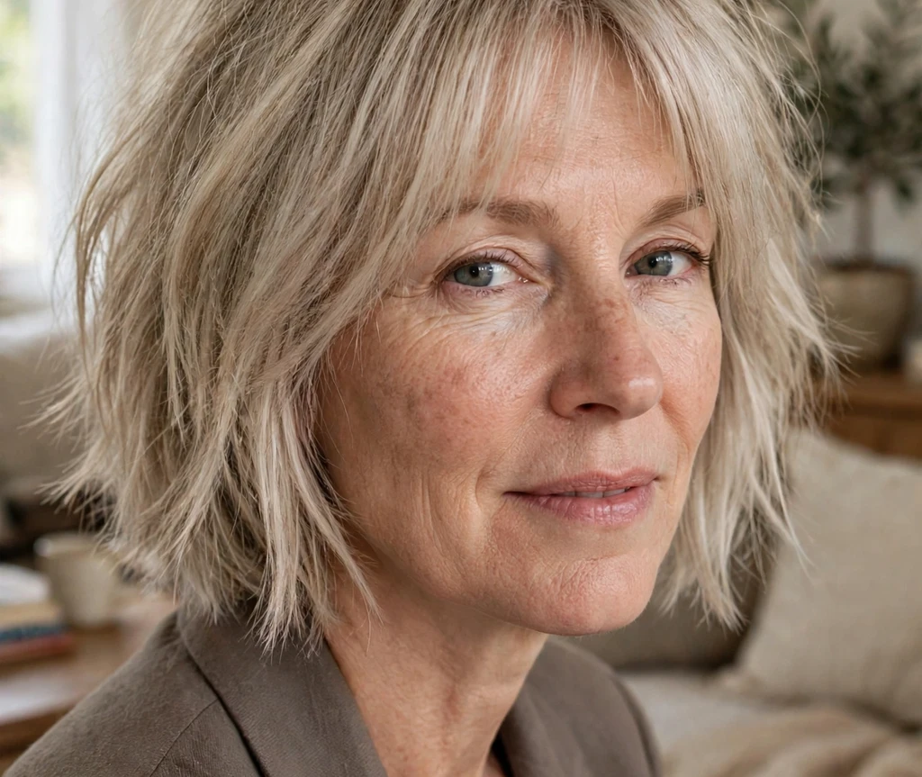Woman in her early fifties with an ash-blonde choppy bob and wispy curtain fringe at home