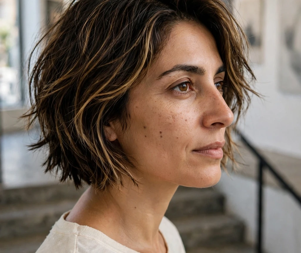 Middle Eastern woman in her mid-thirties with a dark brown choppy bob with honey highlights on an art gallery staircase