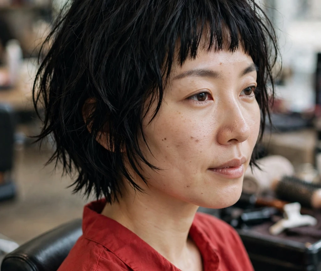 East Asian woman in her early thirties with a jet-black choppy bob and blunt micro-bangs in a salon chair